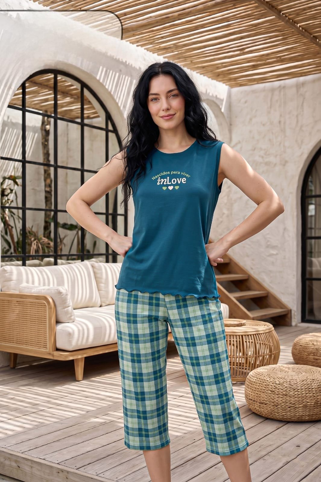 Sleeveless t - shirt and capri pants pajama